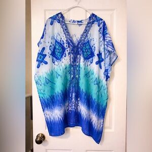 Boho Beaded Kaftan Coverup Blue Ikat Resort Tunic Flowy Top One Size Beach